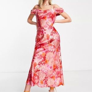 ASOS Hope & Ivy cold shoulder satin midi dress in red and pink floral